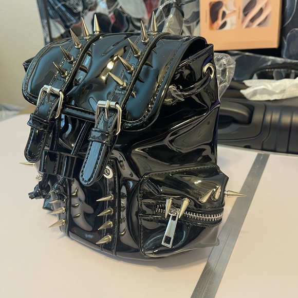 Dolls Kill Black Mini Spiked Patent Backpack - Picture 2 of 6